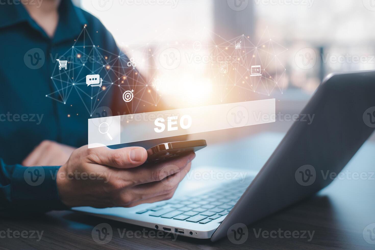 SEO Search Engine Optimization Marketing Ranking Traffic Website Internet Business Technology Concept.optimizing your website to rank in search engines. photo