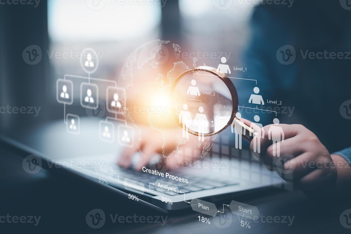 businessman using laptop with Personal information file storage concept ,HR checklists of employees Corporate data management system and document management system with employee privacy. photo
