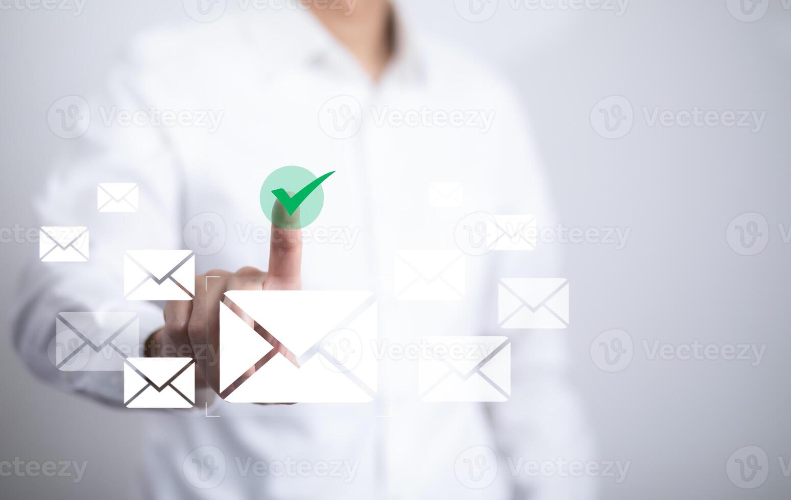 Businessman sending email by laptop computer to customer, business contact and communication, email icon, email marketing concept, send e-mail or newsletter, online working internet network. photo