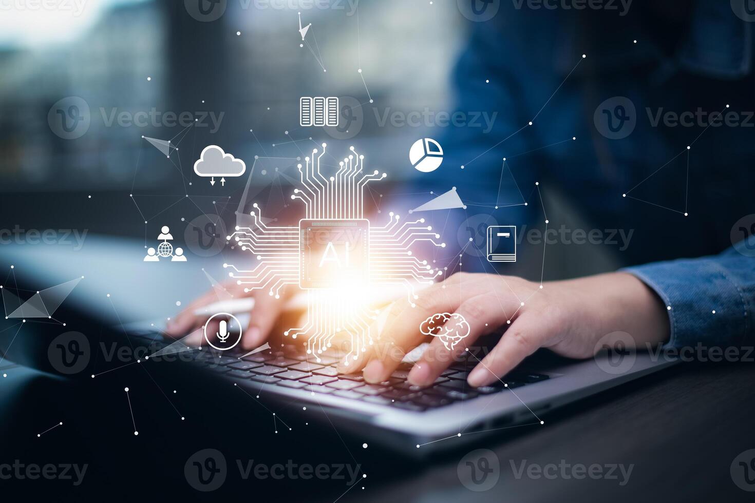 Programmer people working laptops or smartphones with AI, artificial intelligence software engineer coding on laptop computers with technology icons and binary code, big data, Ai bot digital machine photo