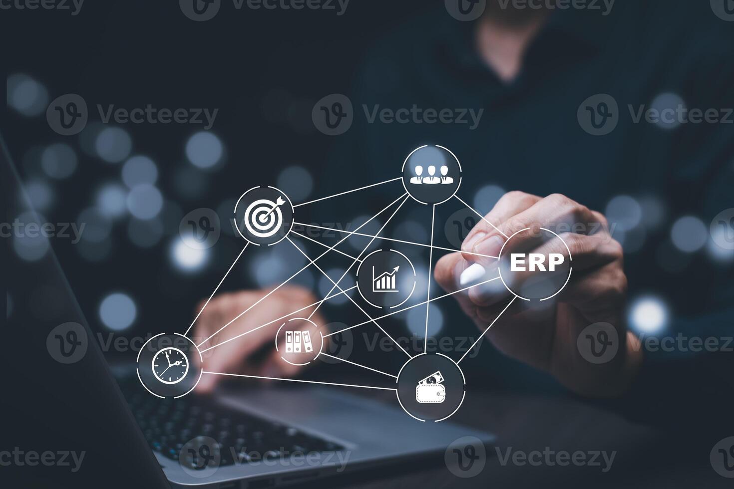Business people using a laptop with document management for ERP. Enterprise resource planning concept,Enterprise Resource Management ERP software system for business resources plan presented. photo