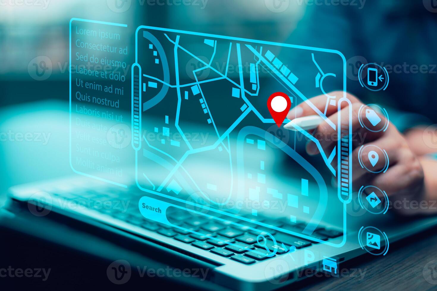 Man using Smartphone with virtual world and model map with location point, GPS app, icon Travel maps and find places in the online system, all screen graphics are generated, Searching for travel. photo