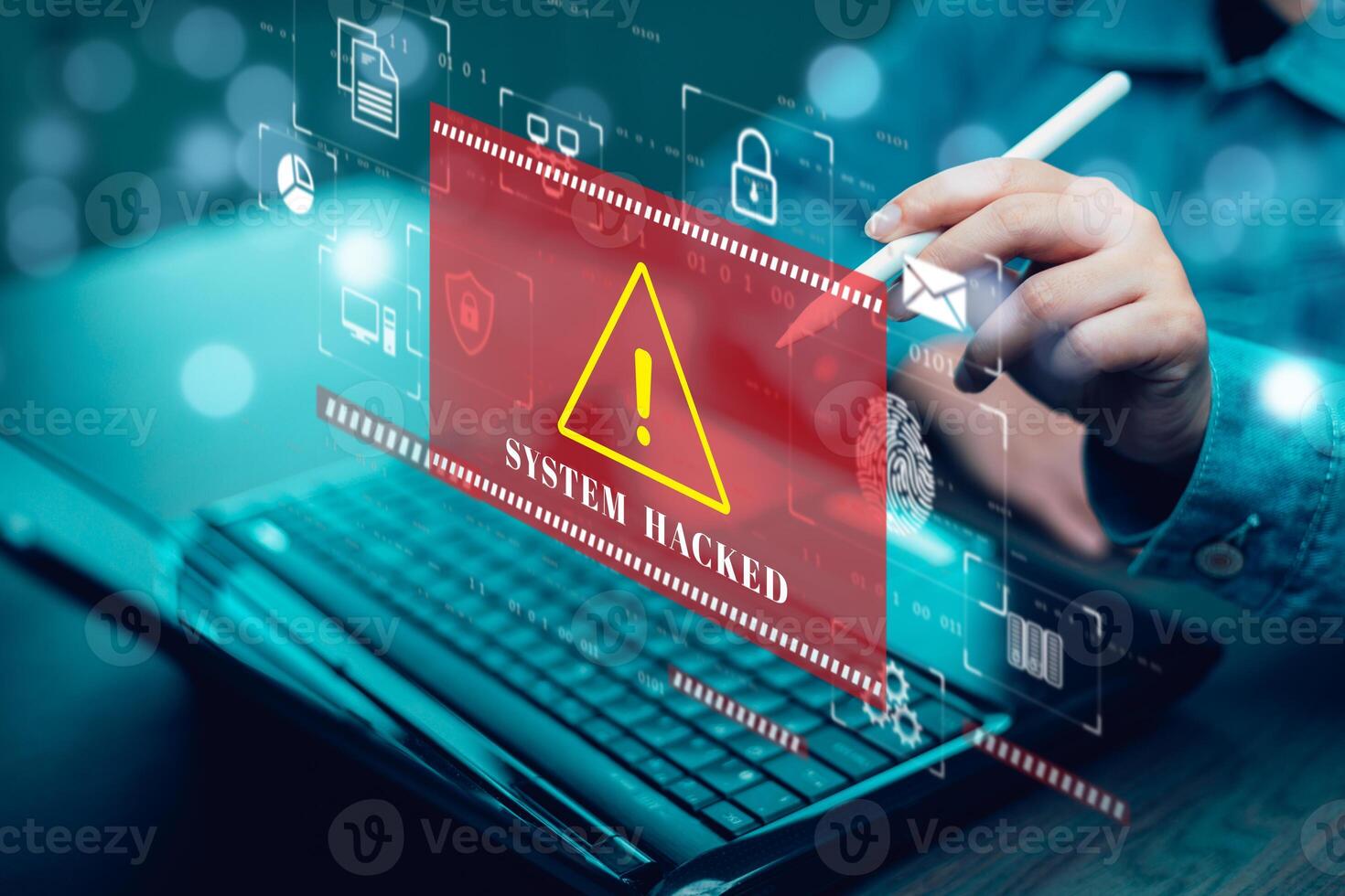 programmer using laptop with triangle caution warning sign for notification error system , hacker attacks and hacking data, cyber crime, cyber security photo