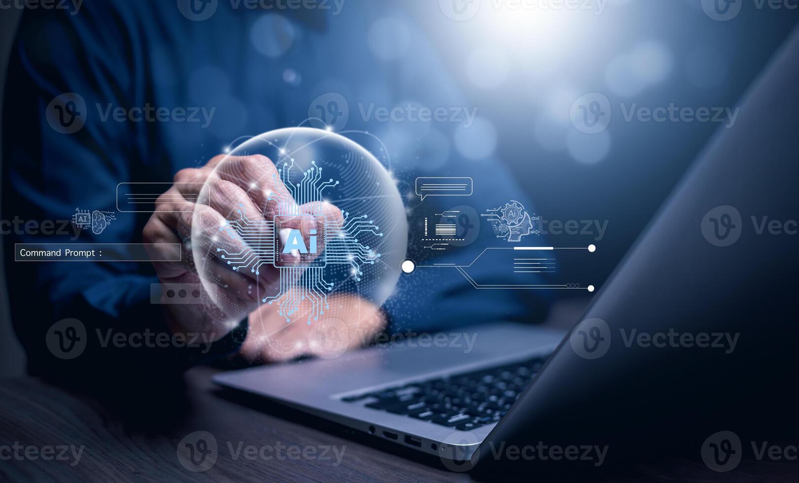 Programmer people working laptops or smartphones with AI, artificial intelligence software engineer coding on laptop computers with technology icons and binary code, big data, Ai bot digital machine photo