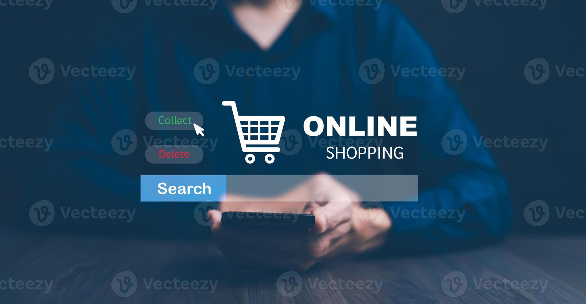 Businessman hold smartphone with online shopping concept, marketplace website with virtual interface of online Shopping cart part of the network, Online shopping business with selecting shopping cart. photo