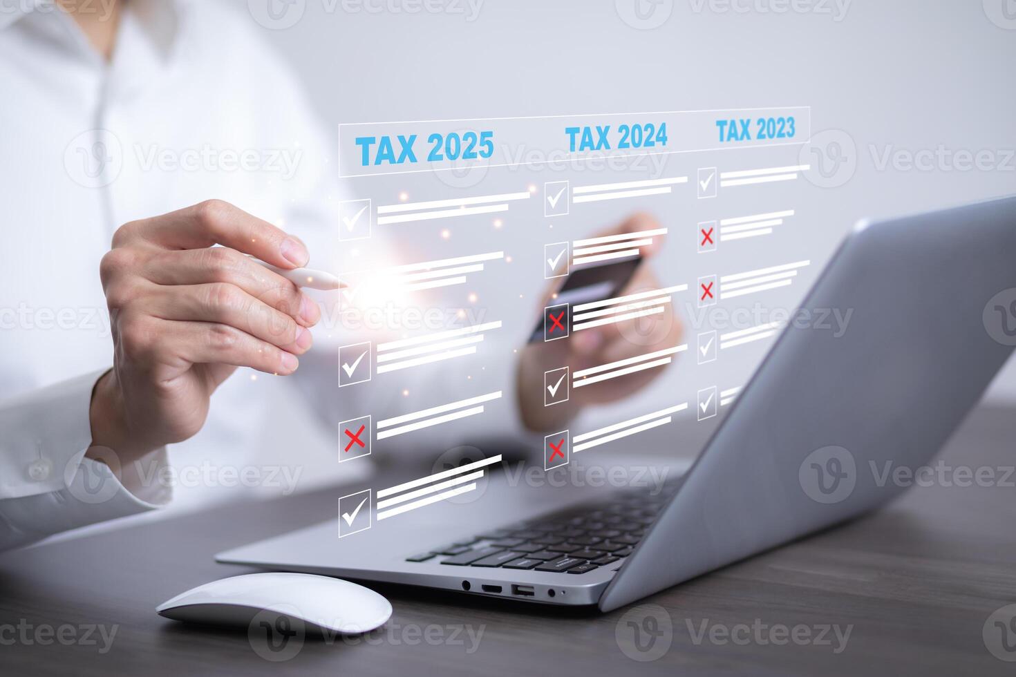 Concept of taxes payment optimisation business finance, Businessman holding taxes button on technology screen,income tax and property, background for business, individuals and corporations such as VAT photo