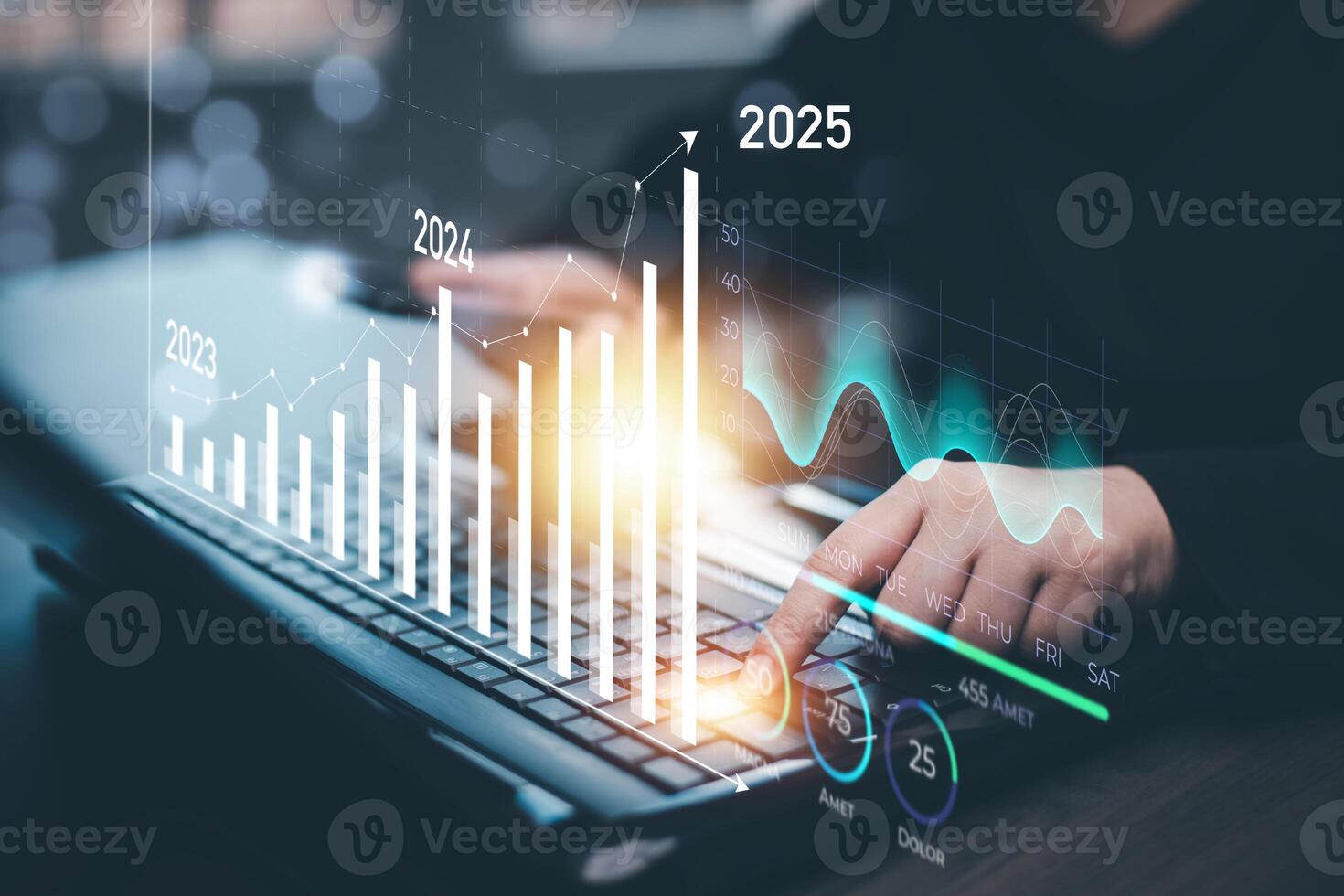 Businessman touch growth data chart arrow with diagram 2025 budget, Businessman pointing arrow graph corporate future growth year 2024 to 2025, Development to success and motivation. photo