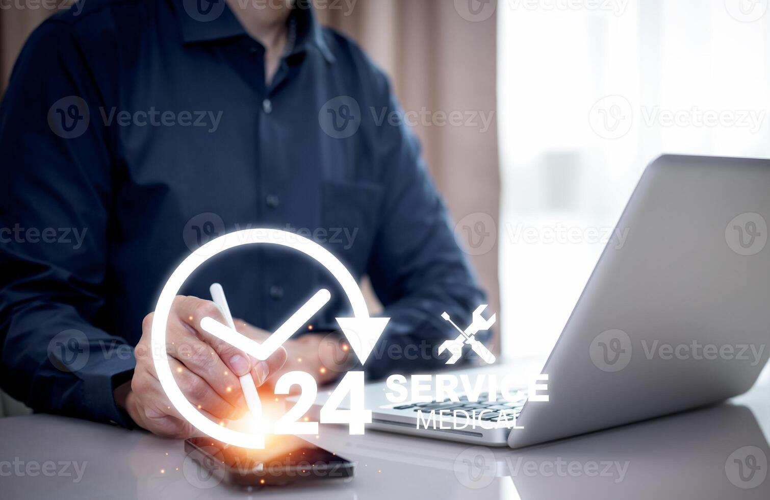 Clock 24h service and people icon Concept, Businessman hand holding clock and line people icon, time management and business work planning, idea and concept of the schedule of the daily routine, photo