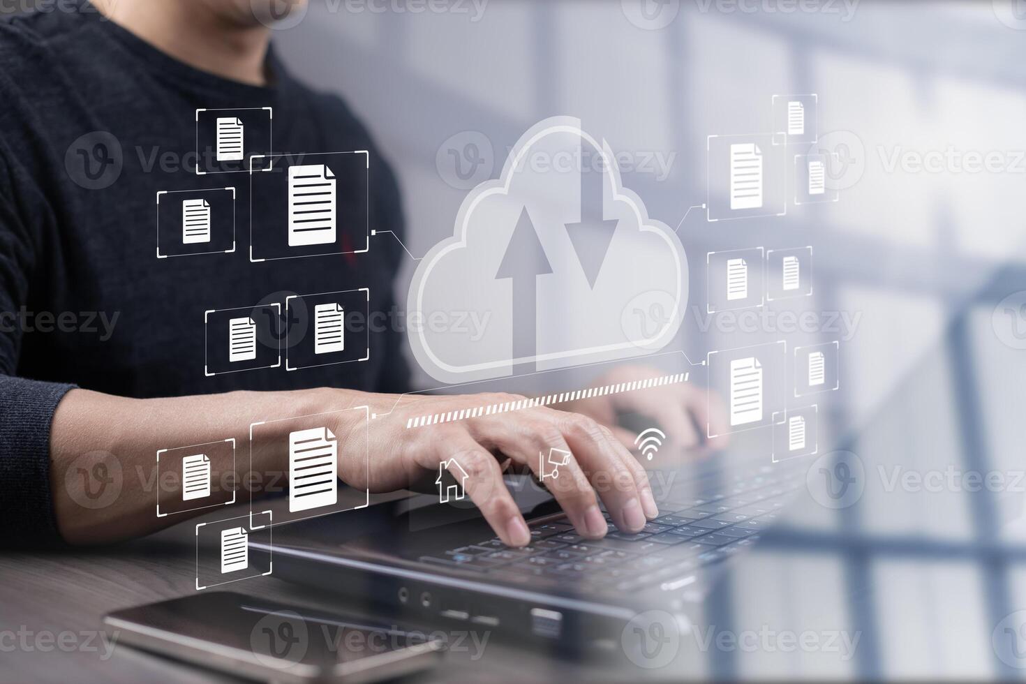 Cloud technology concept Global network of metaverse systems concept, Man hand touch data with internet cloud technology and File Transfer backup copy,Global business Internet for Telecommunication photo