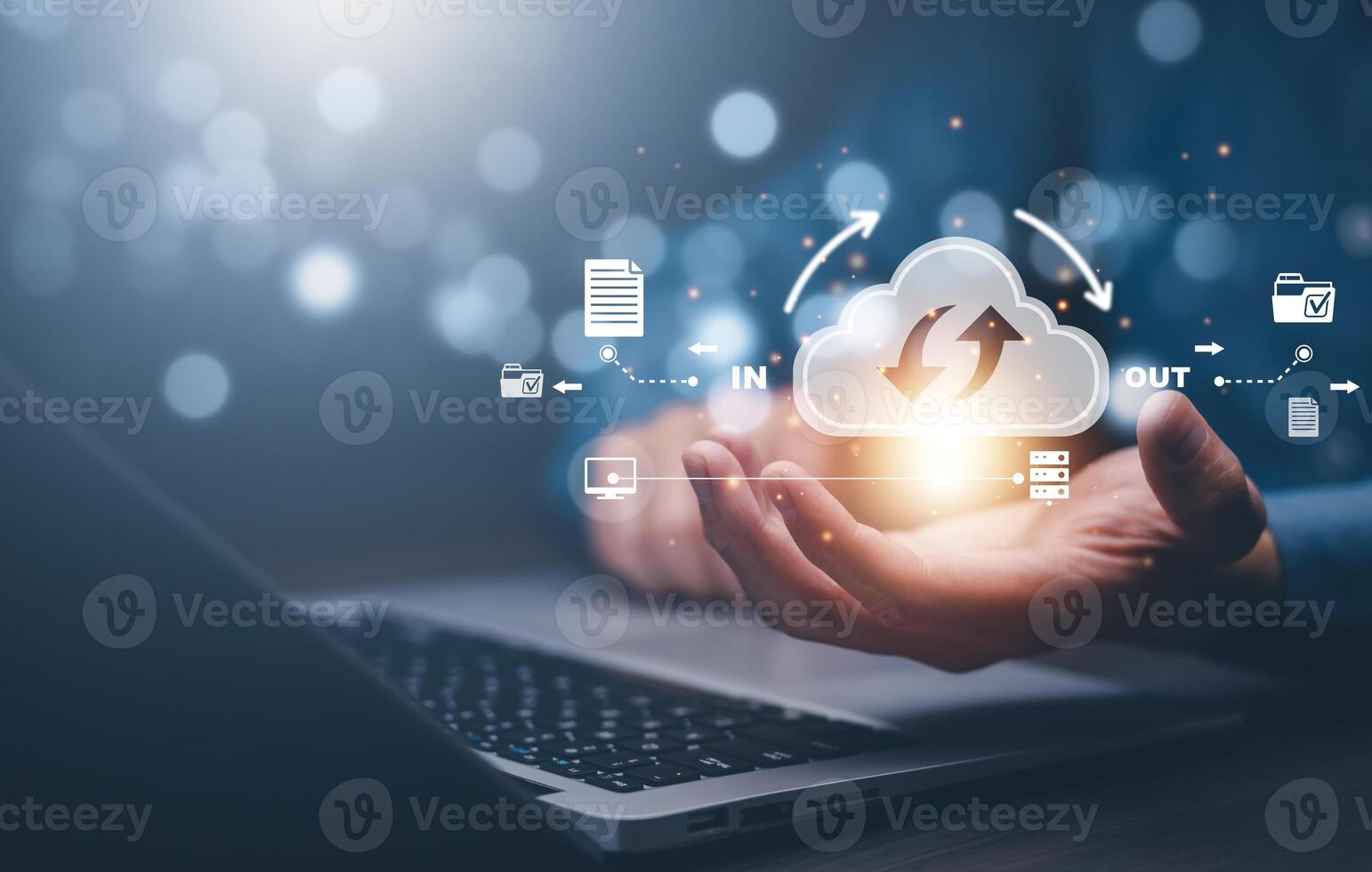 Cloud technology concept Global network of metaverse systems concept, Man hand touch data with internet cloud technology and File Transfer backup copy,Global business Internet for Telecommunication photo