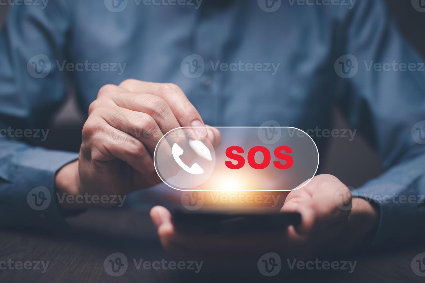 man using Smart Phone with Emergency app in home, call phone, Chat message icon, Emergency application from smartphone for elderly, technology concept.Old hand touch mobile phone and call for help. photo