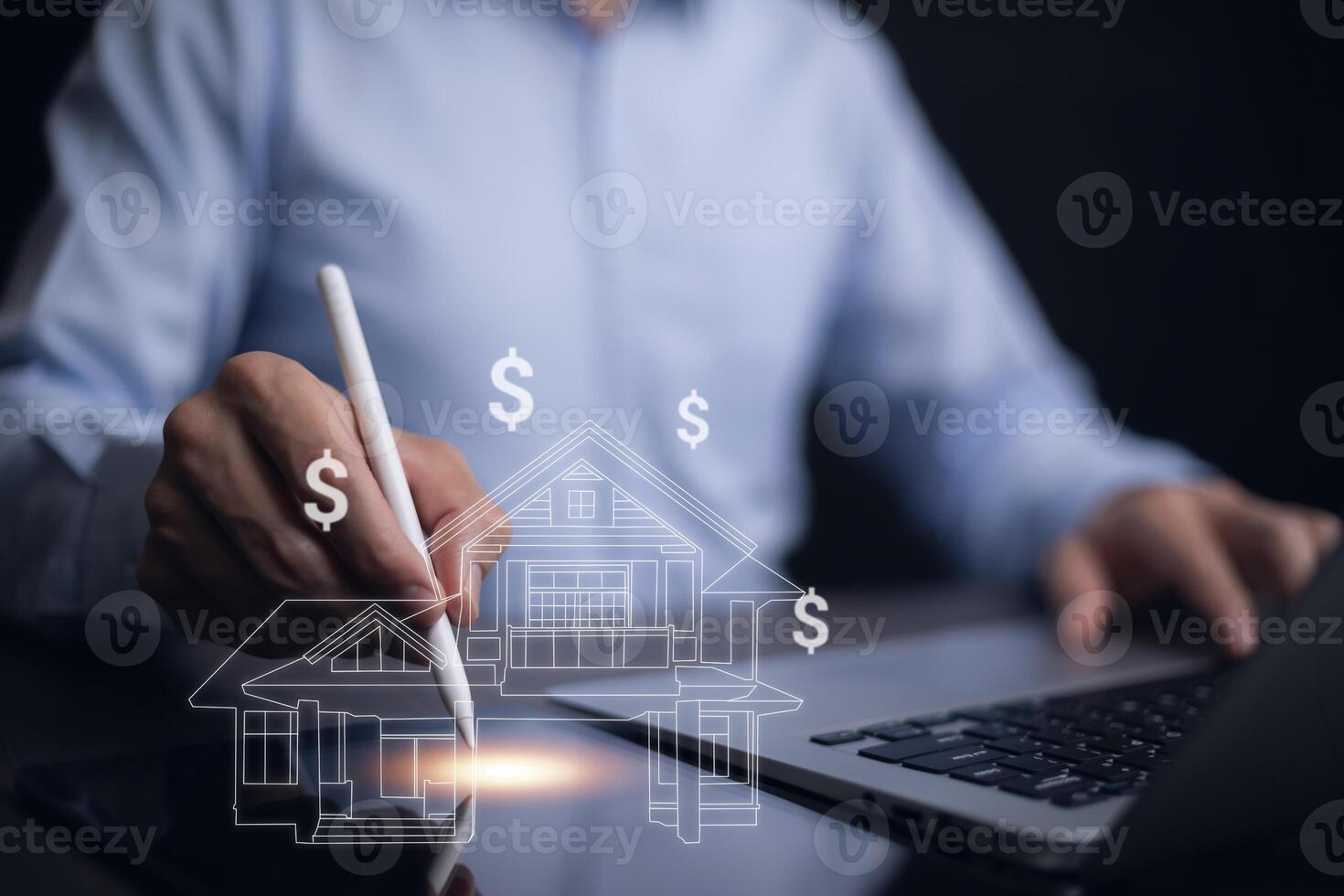 Engineering and architecture drawings and mini home model concept, Businessman touch draw a house on the black background, work from home, Real estate offer, Home business buy and sale concept photo
