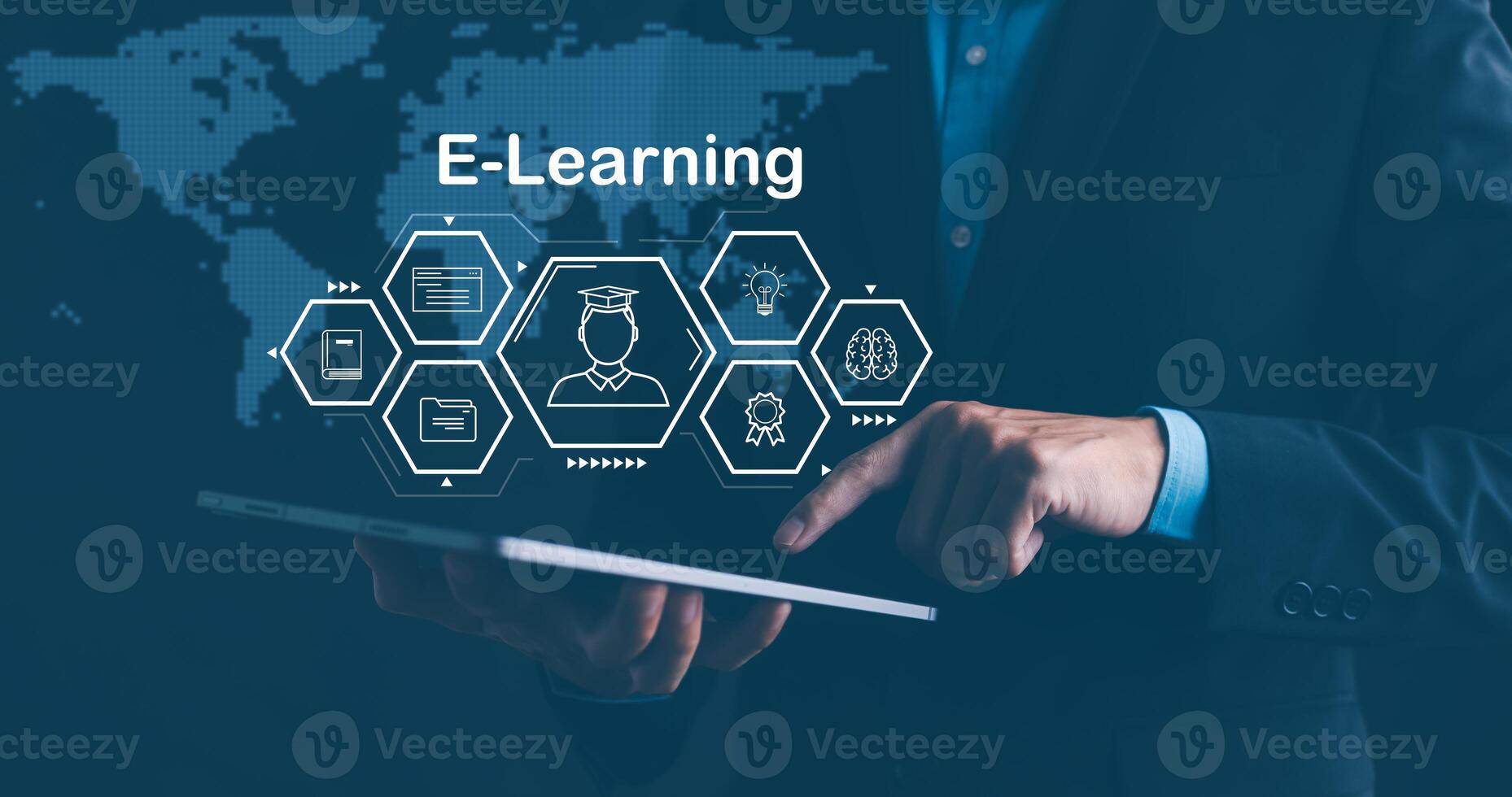 Concept E-learning education, Businessman hand touch Online Education icon on virtual screen. internet lessons and online webinar, online lessons on a digital screen.Education internet Technology. photo