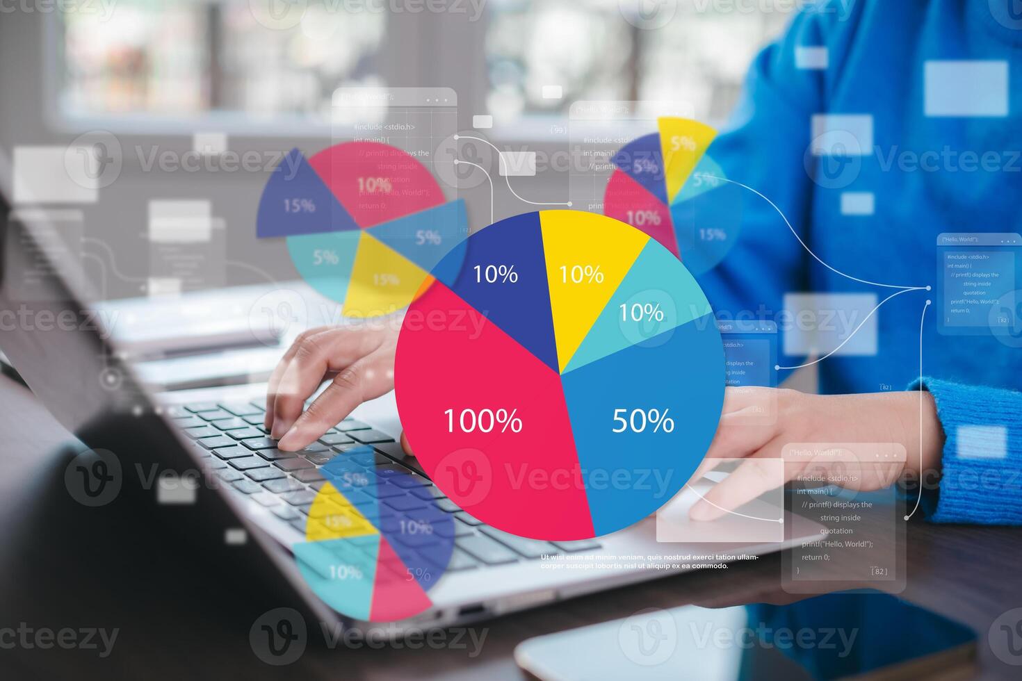 Businessman using a laptop with Analytics and Data Management Systems Analyst working in Business Analytics and Data Management Systems to make reports and corporate strategy for finance, operations photo
