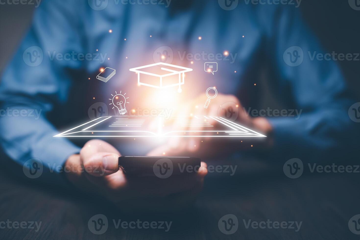 E-learning program certificate and online education learning workshop training.Male and female students icons virtual screen and lesson online classes on the internet. photo