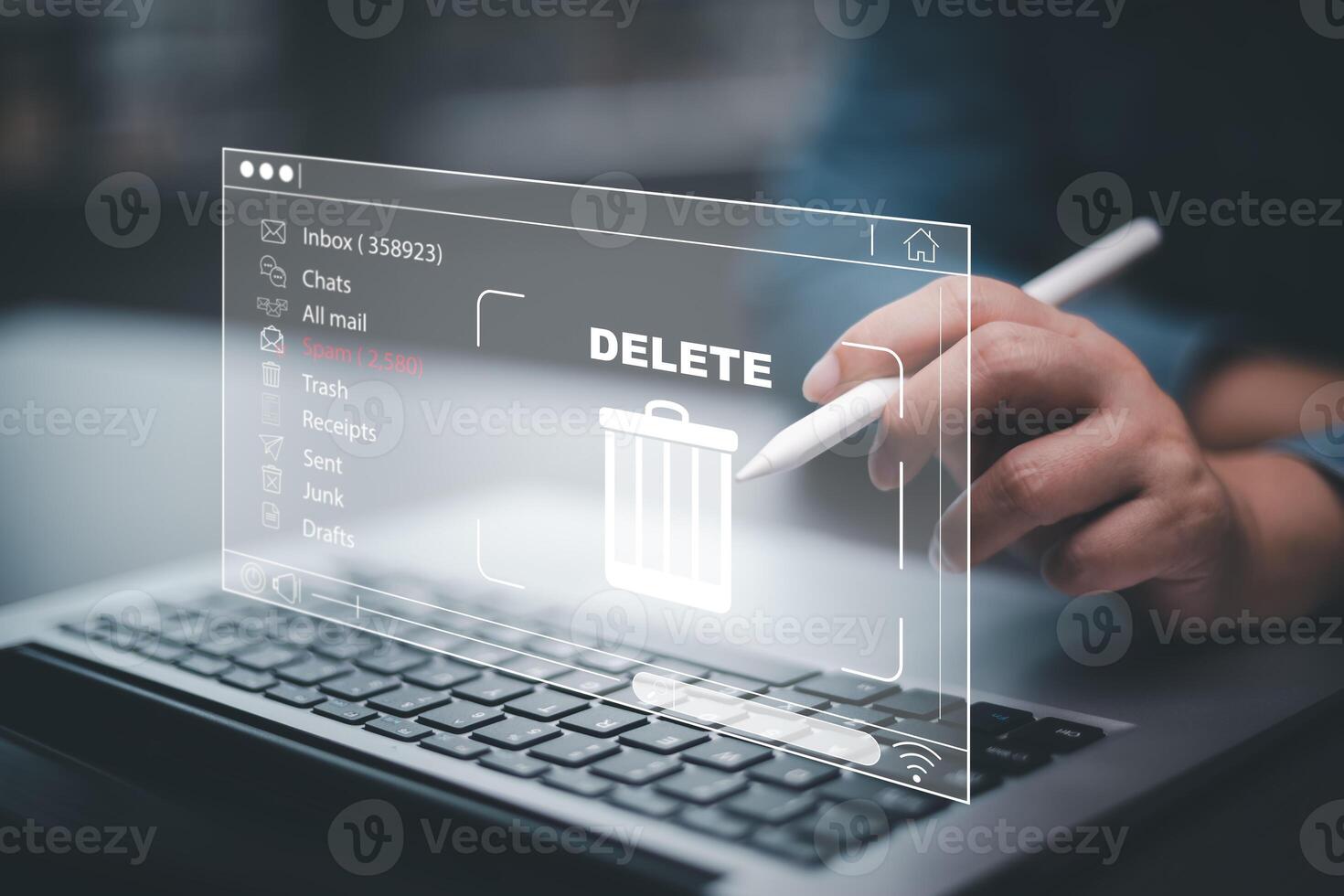 The programmer's hand is tapping on the file icon under the concept of data deletion. The concept technology and document management.data deletion and removal photo
