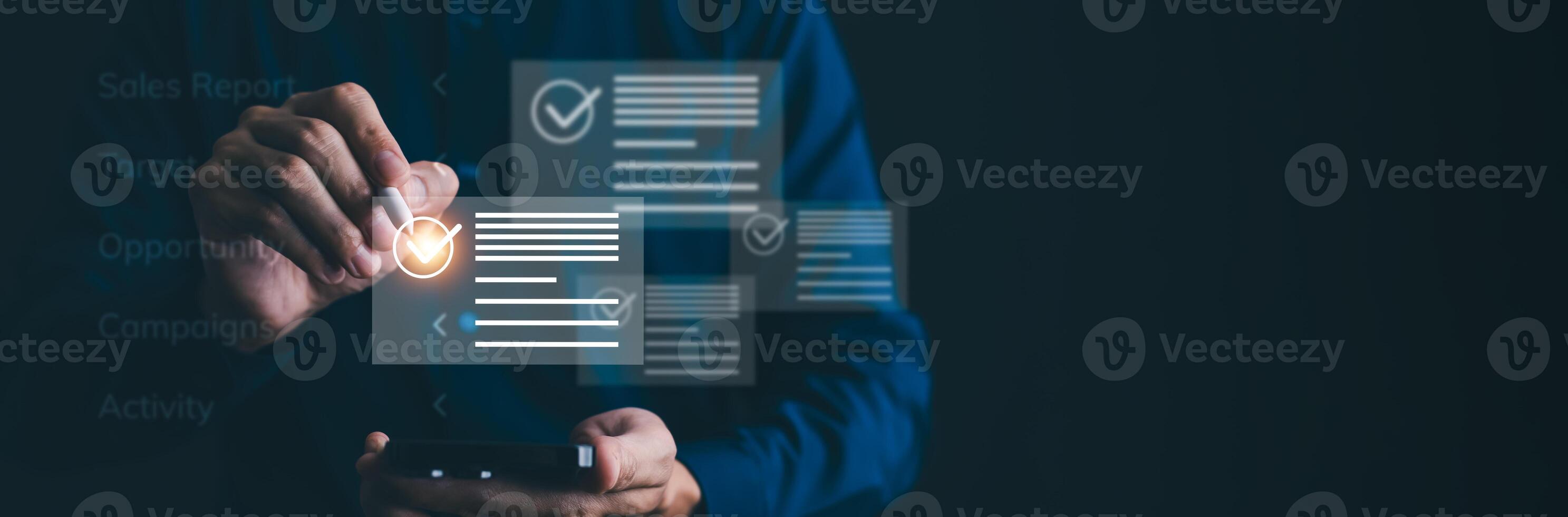 Online survey filling out and digital form checklist by laptop computer, Document Management Checking System, online documentation database and process manage files. photo
