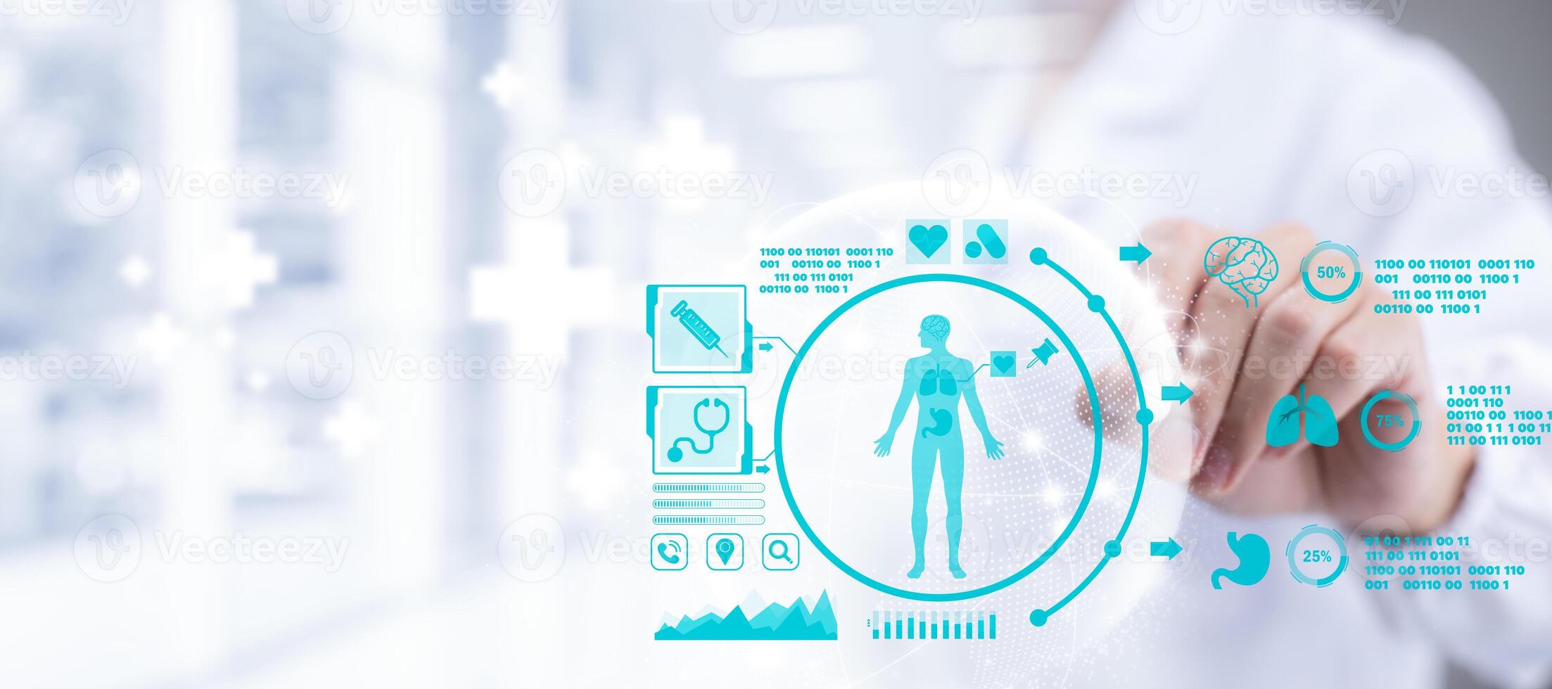 Doctor touch touch presenting DNA molecule research on the white background concept, Creation technologies for connection Mixed media,blurred background using digital network connection 3D rendering photo