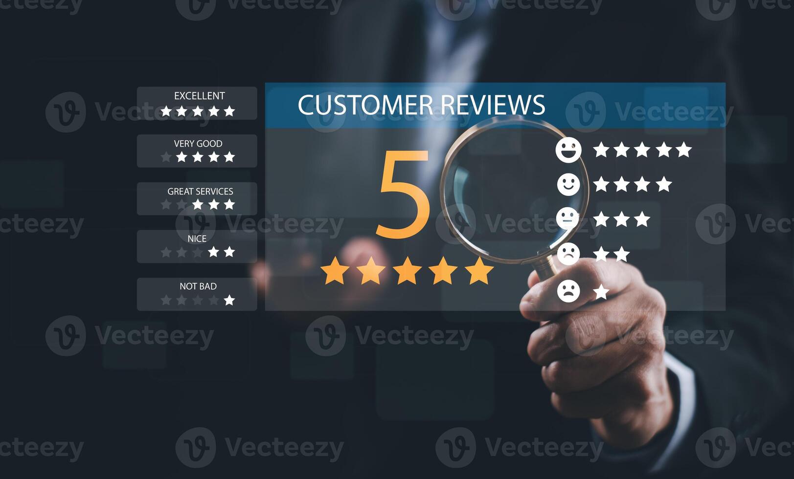 Man touch smartphone with Customer review satisfaction feedback survey concept, User give rating to service experience on online application, service leading to reputation ranking of business. photo
