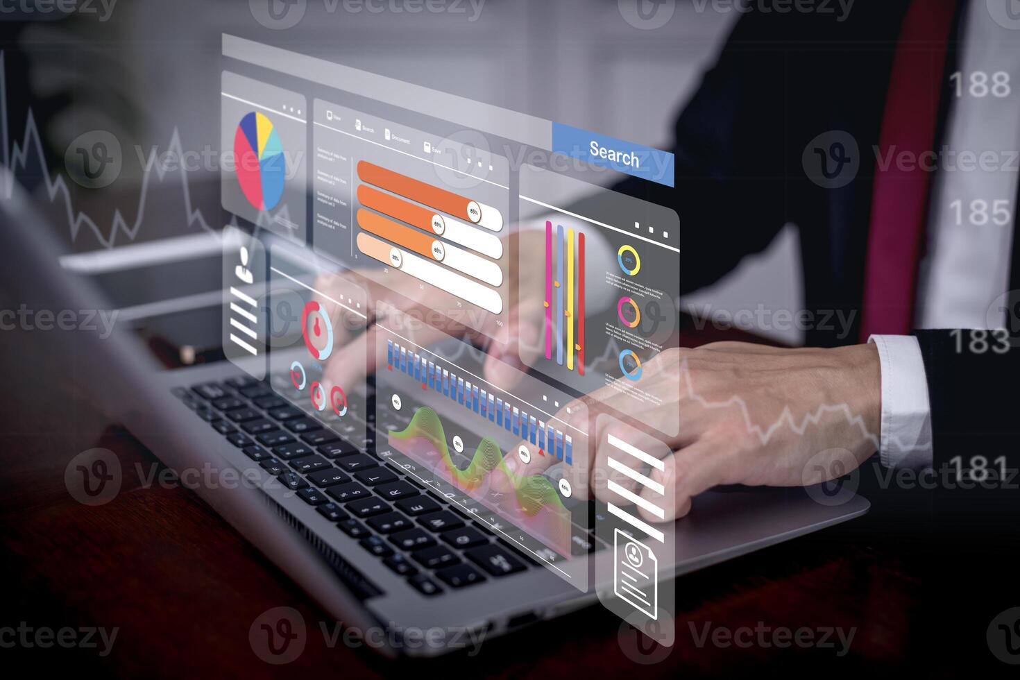 Businessman using a laptop with Analytics and Data Management Systems Analyst working in Business Analytics and Data Management Systems to make reports and corporate strategy for finance, operations photo