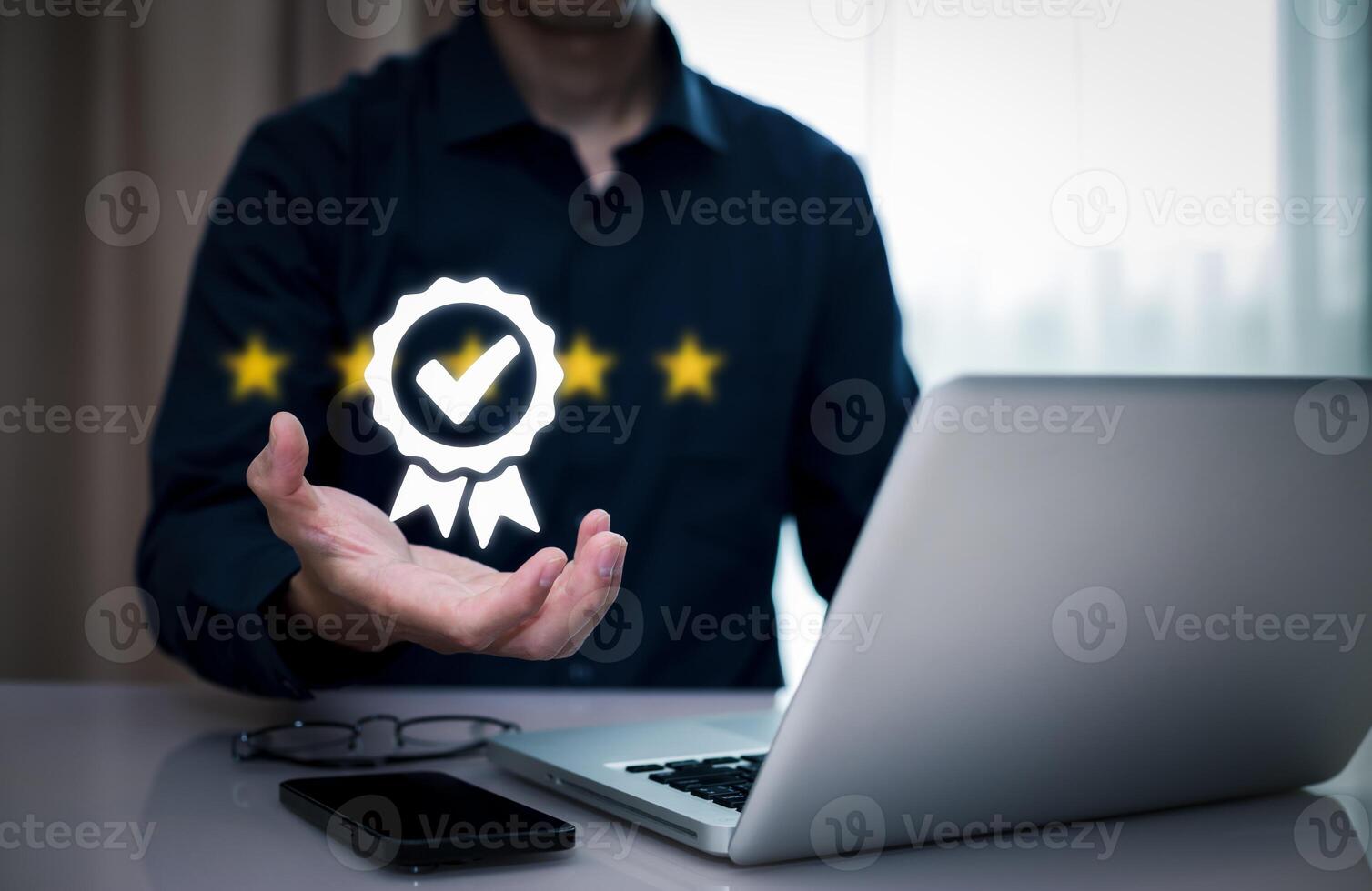 Quality assurance of business services, Businessman Hand shows the sign of the top service Quality assurance in Black background , Guarantee, Standards, ISO certification and standardization concept. photo
