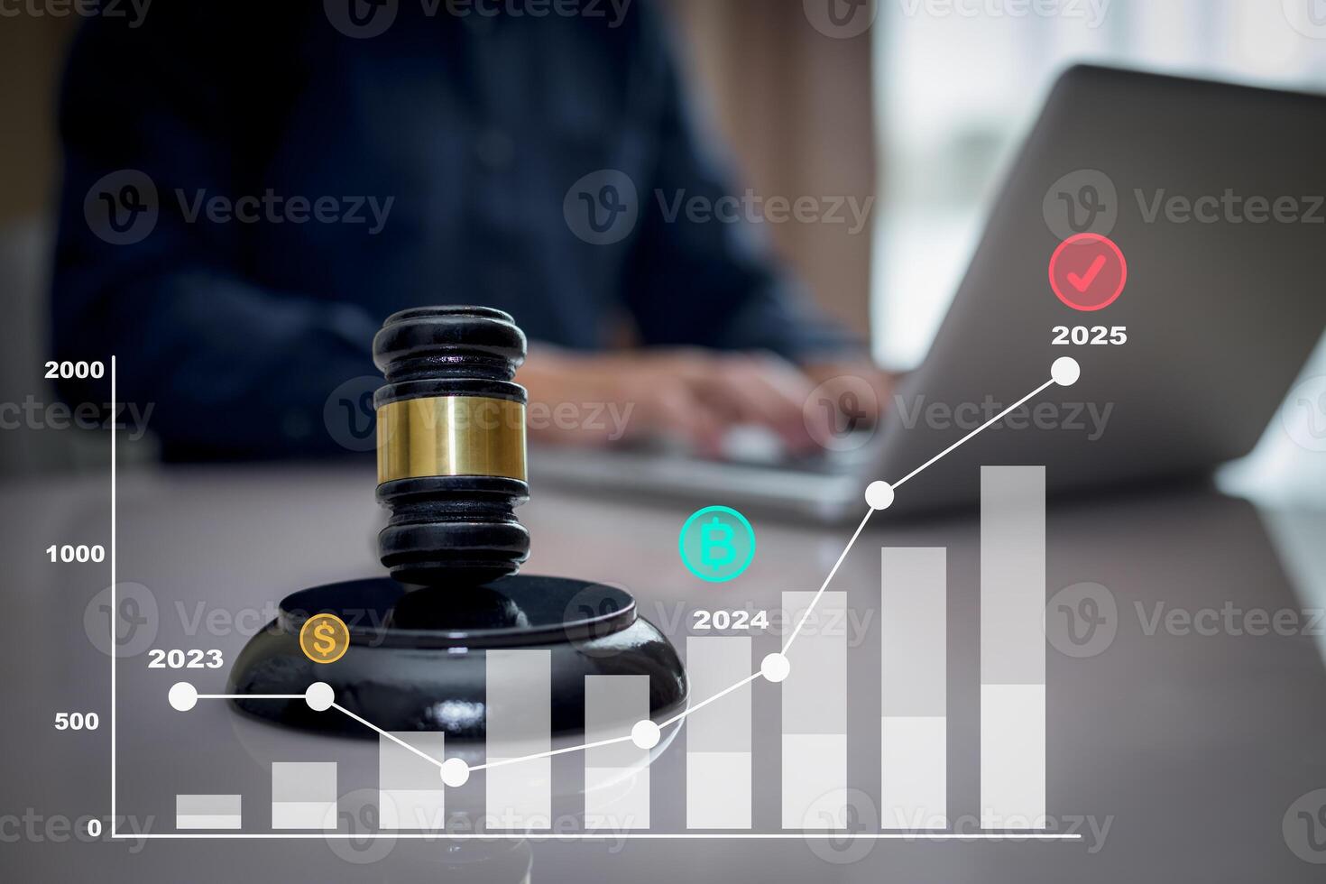 Businessman touch growth data chart arrow with diagram 2025 budget, Businessman pointing arrow graph corporate future growth year 2024 to 2025, Development to success and motivation. photo