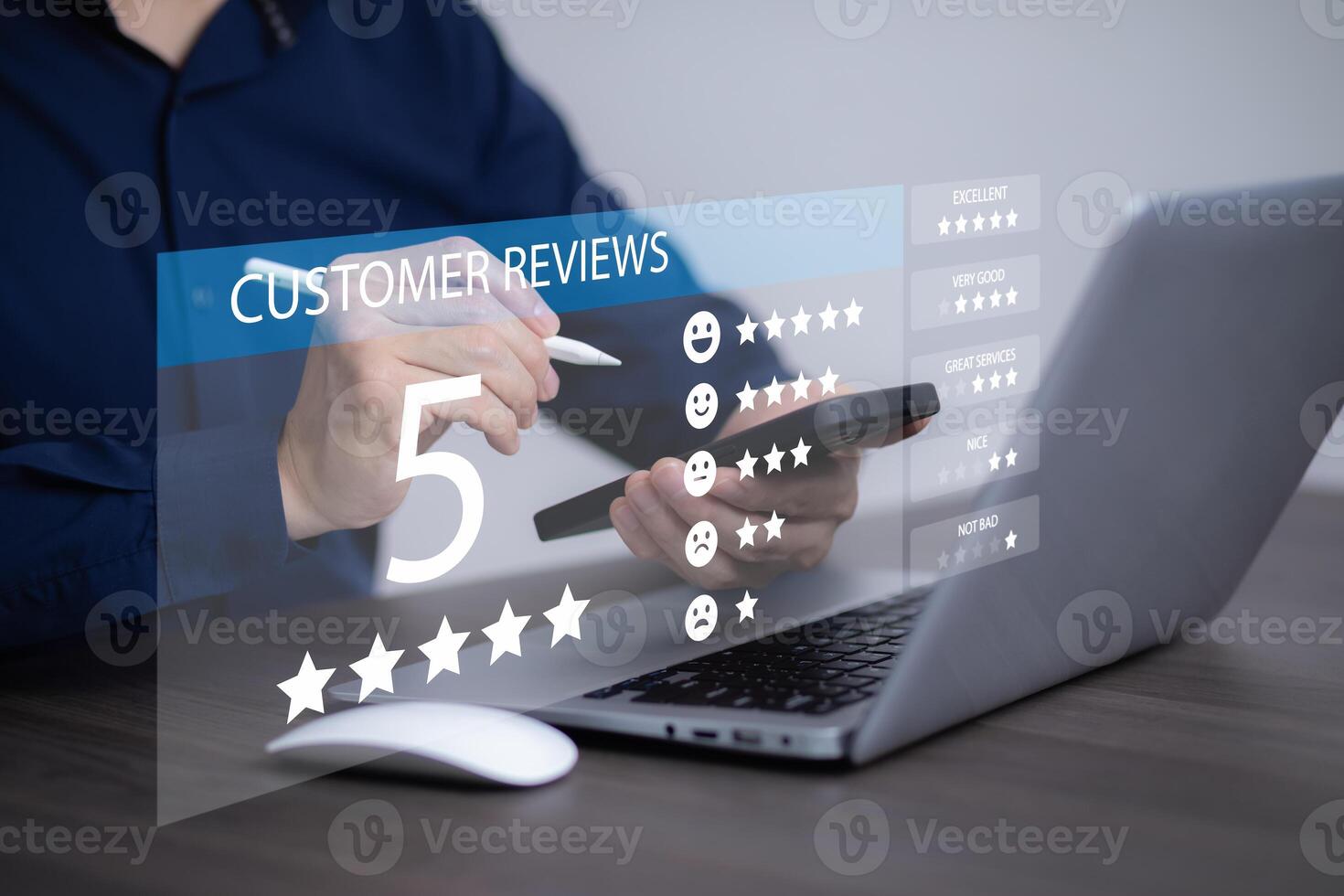 Man touch smartphone with Customer review satisfaction feedback survey concept, User give rating to service experience on online application, service leading to reputation ranking of business. photo