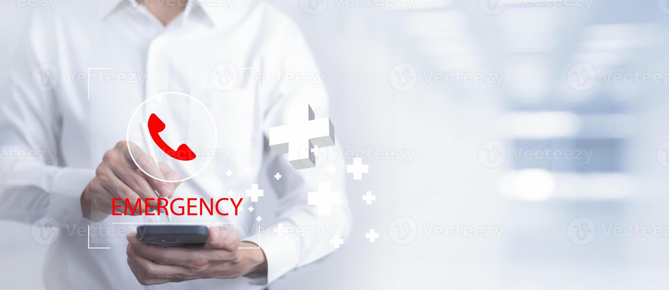 Hand touch button Emergency app in home, call phone, Chat message icon, Emergency application from smartphone for elderly, technology concept.Old hand touch mobile phone and call for help. photo