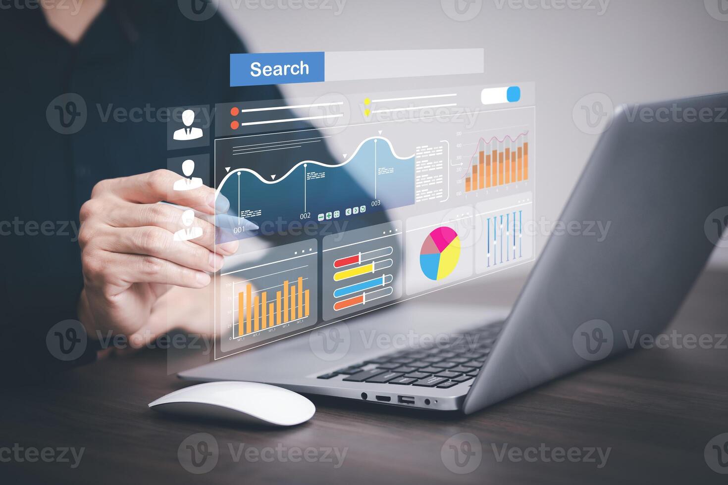Businessman using a laptop with Analytics and Data Management Systems Analyst working in Business Analytics and Data Management Systems to make reports and corporate strategy for finance, operations photo