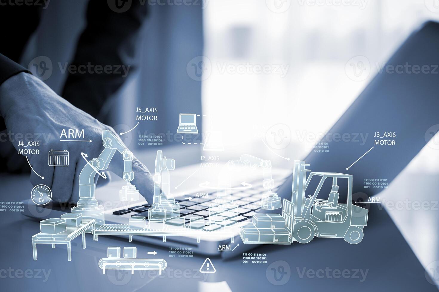 Industrial Engineer and AI, Artificial Intelligence concept, Manager Technical Industrial Engineer people and control robotics with monitoring system software and icon industry, Car EV technology photo