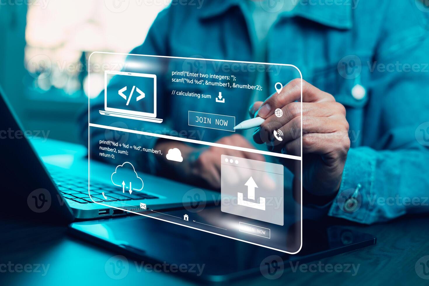 Business people using laptop with cloud computing system , Storage and data transfer Cloud network, Cloud technology. Networking and internet service, sharing download and upload and internet service photo