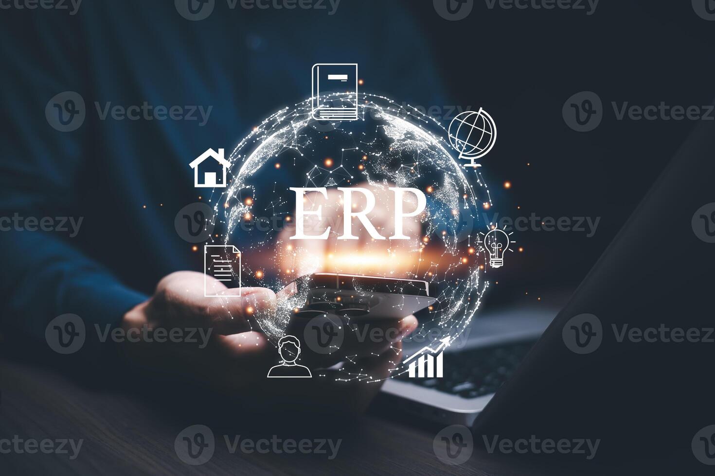 Business people using a laptop with document management for ERP. Enterprise resource planning concept,Enterprise Resource Management ERP software system for business resources plan presented. photo