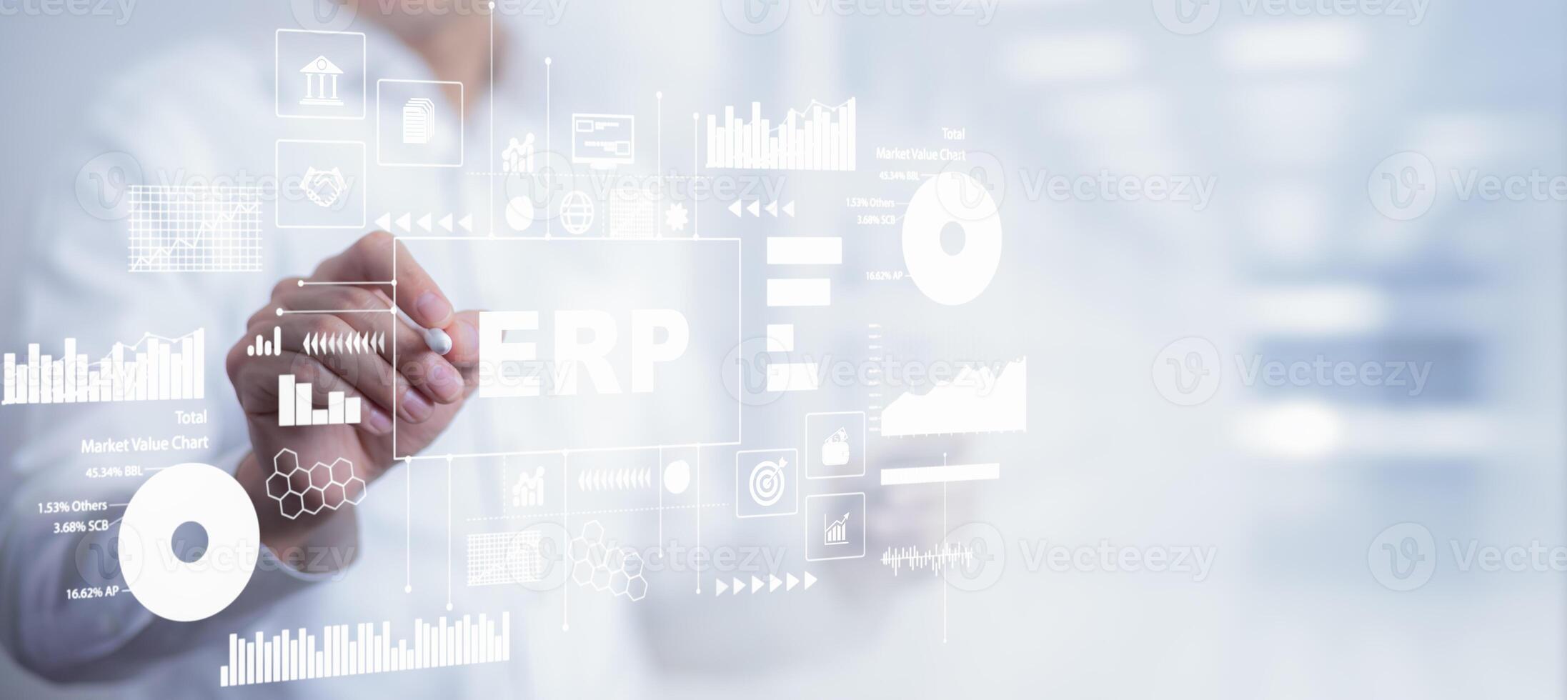 Business people using a laptop with document management for ERP. Enterprise resource planning concept,Enterprise Resource Management ERP software system for business resources plan presented. photo