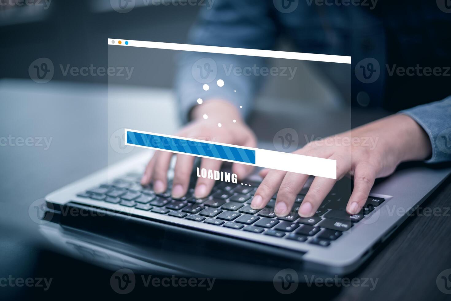 The man is using a computer under the concept of technology, downloading, uploading, and database management.digital communication technology for online ,Cloud Computing Concept photo