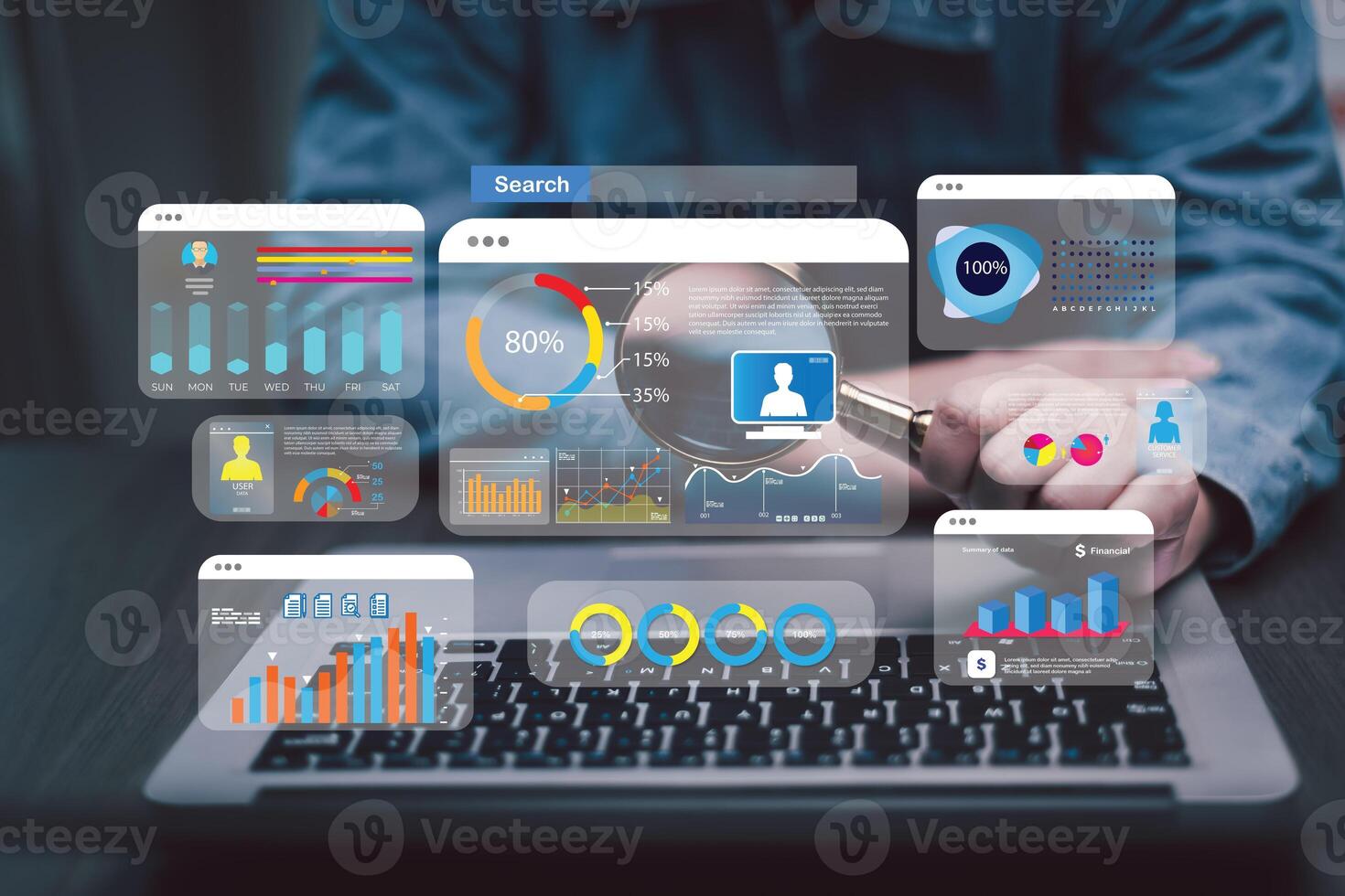 Businessman using a laptop with Analytics and Data Management Systems Analyst working in Business Analytics and Data Management Systems to make reports and corporate strategy for finance, operations photo