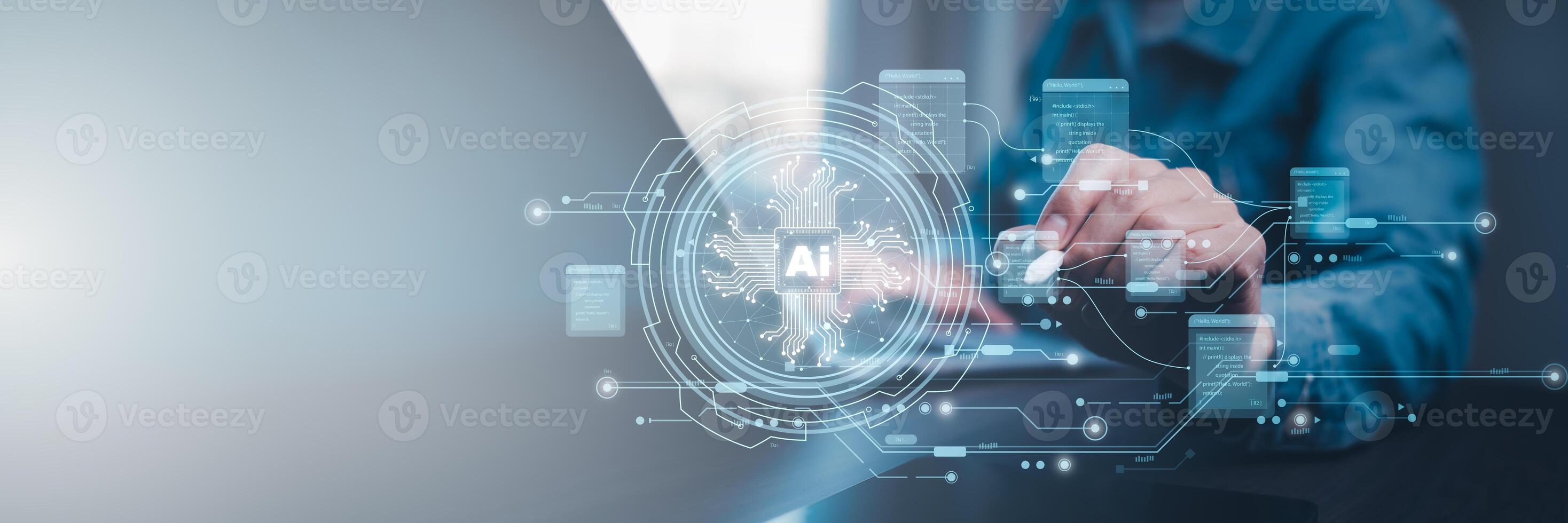 AI tech, Business person chatting with a smart AI using an artificial intelligence chatbot developed by OpenAI, Artificial Intelligence, Futuristic technology transformation, Searching for Education photo