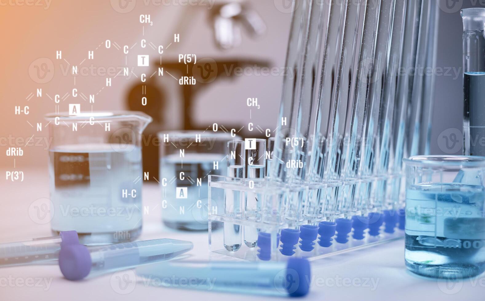 biochemical research scientist working with a microscope for the virus,Doctor man write a history of the experimental results in a , laboratory glassware containing chemical liquid for design. photo