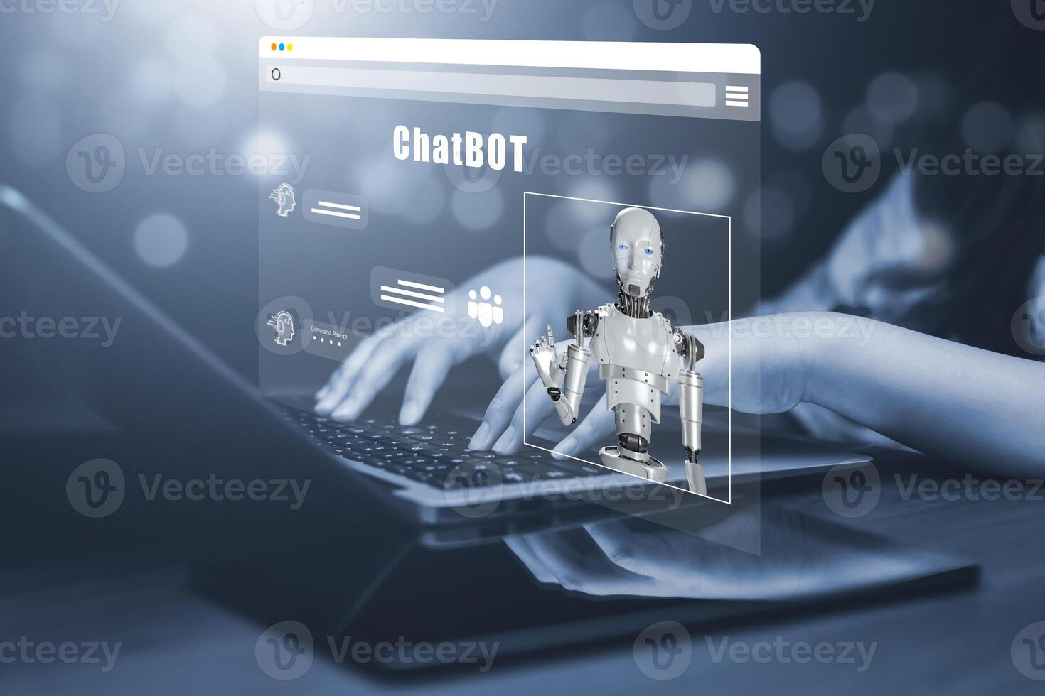 Man using Laptop and touch bar Chat bot Chat with AI, Artificial Intelligence,System Artificial intelligence an artificial intelligence chatbot, Digital chatbot, Robot application, conversation photo
