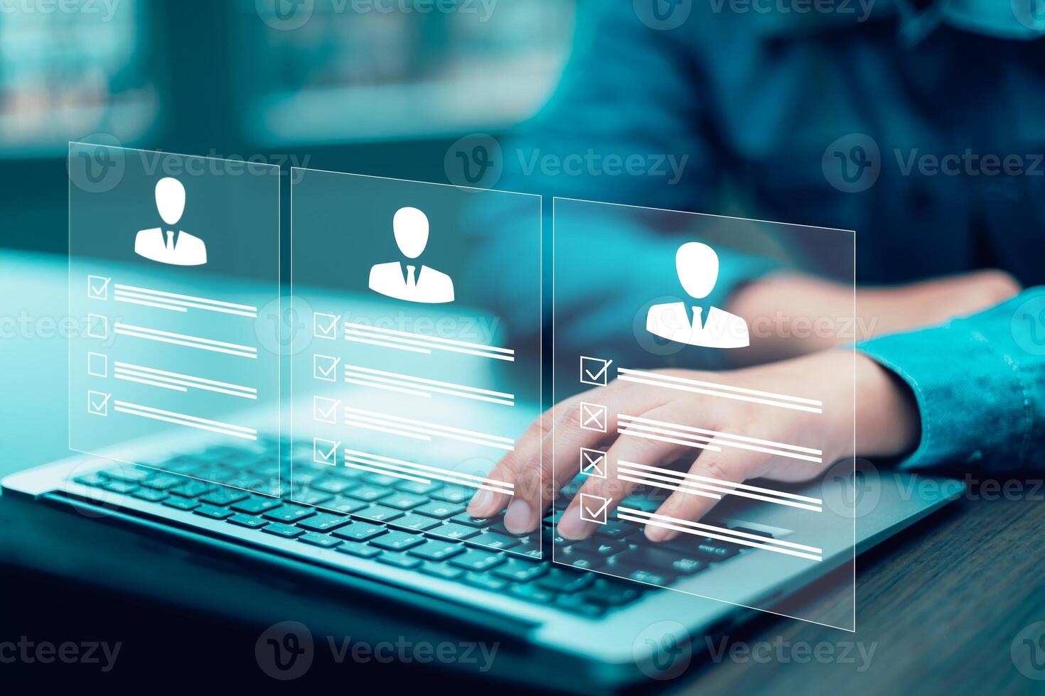 businessman using laptop with Personal information file storage concept ,HR checklists of employees Corporate data management system and document management system with employee privacy. photo