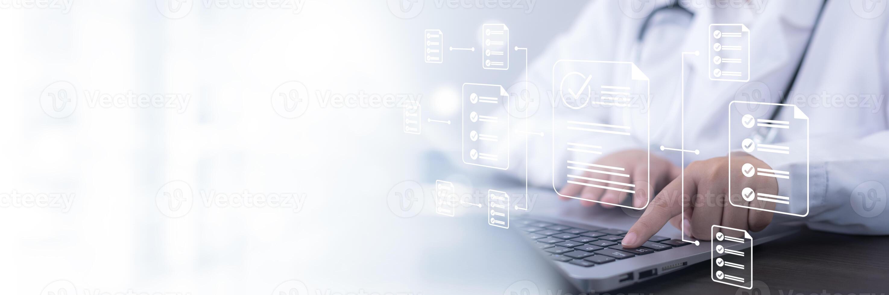 Medical doctor service and medical technology and futuristic concept, Doctor using laptop and health medical network connection icon on virtual screen interface, Modern medical technology photo