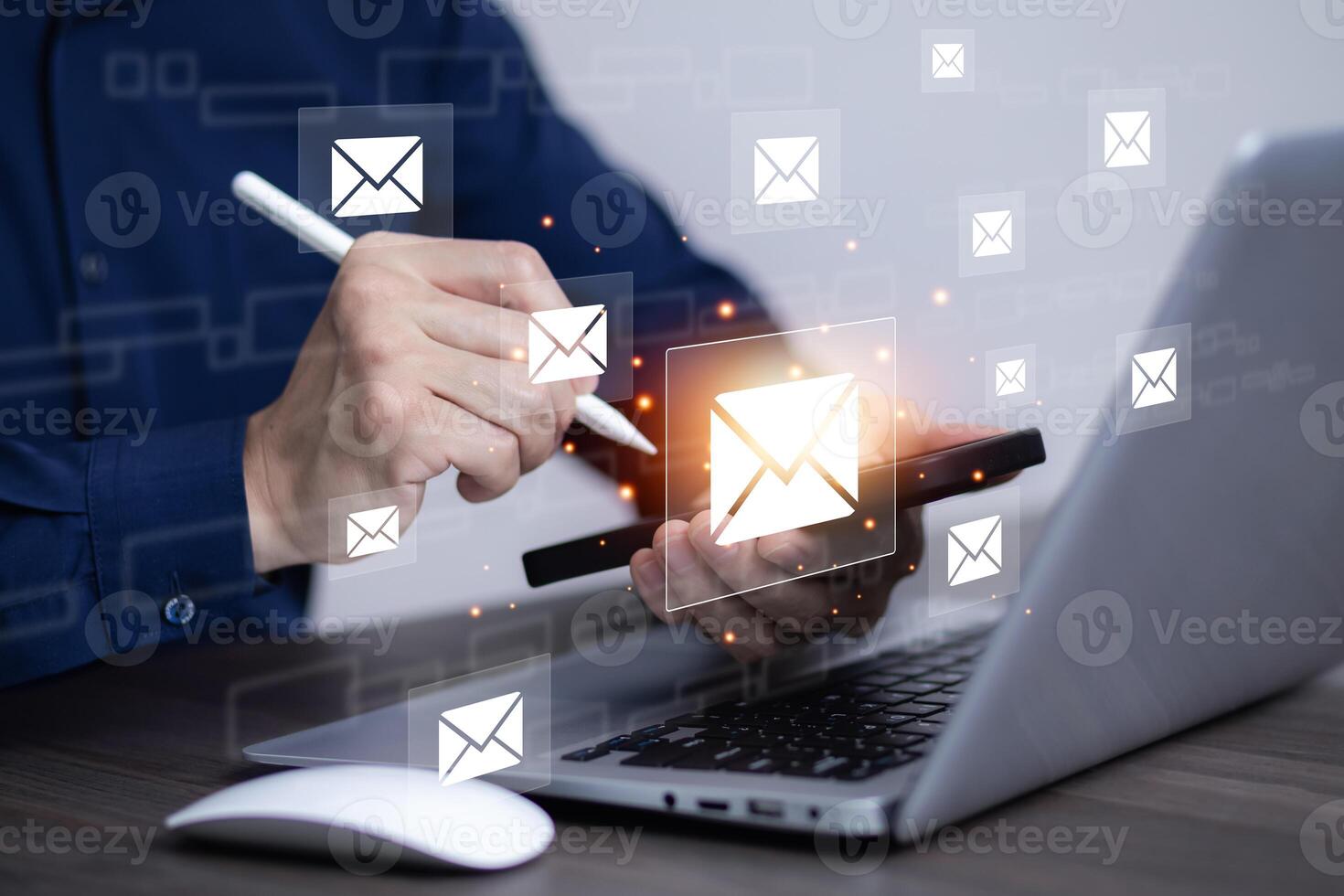 Businessman sending email by laptop computer to customer, business contact and communication, email icon, email marketing concept, send e-mail or newsletter, online working internet network. photo