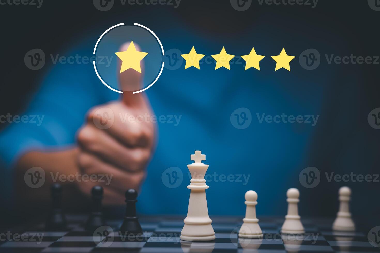 The concept of placing rating. Businessman touching technology on five star excellent rating on blue background, Concept of satisfaction, quality and performance of services.Copy space for web banner. photo
