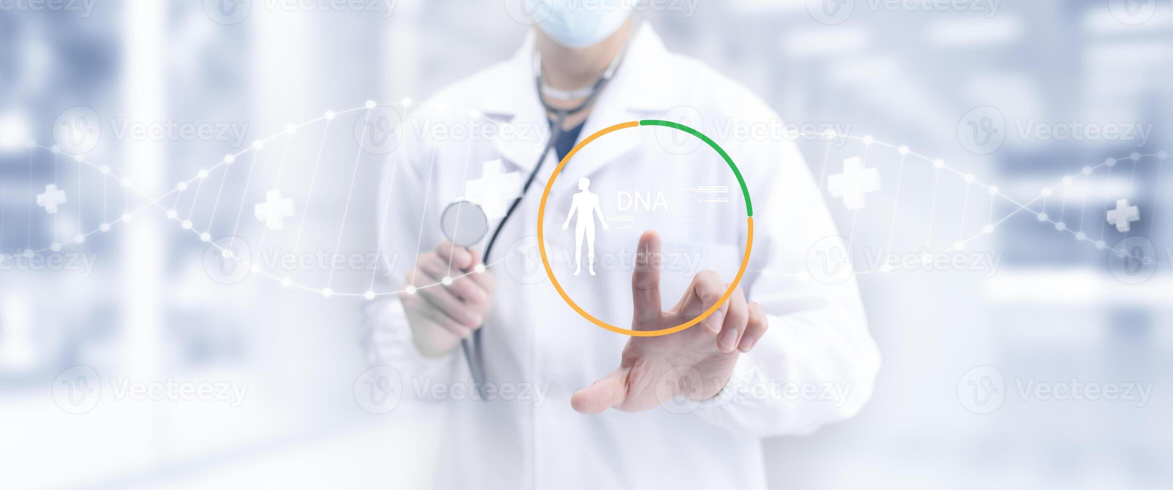 research and developement concept lab scientist biotechnologist holding glass ampoule phial with DNA strand,molecule of two polynucleotide chains forming double helix carrying photo