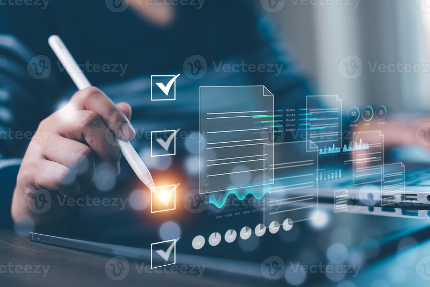 Checklist and clipboard task documentation management Online survey, form checklist by laptop computer, Document Management Checking System, online documentation database and process manage files. photo