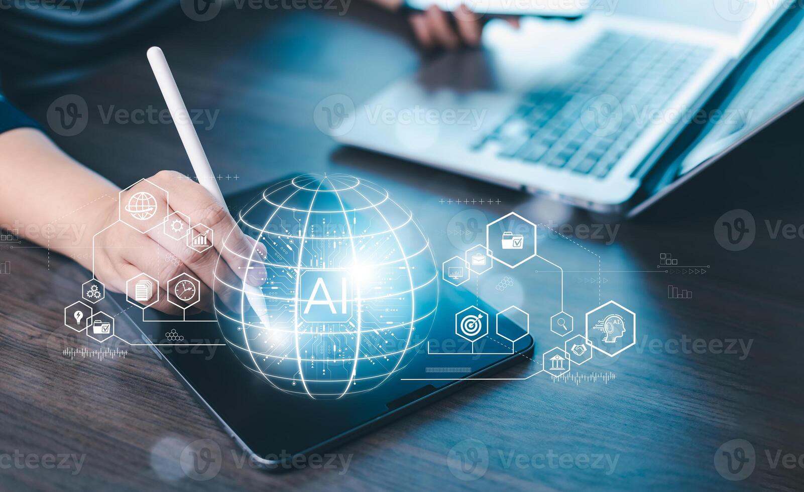 Programmer people working laptops or smartphones with AI, artificial intelligence software engineer coding on laptop computers with technology icons and binary code, big data, Ai bot digital machine photo