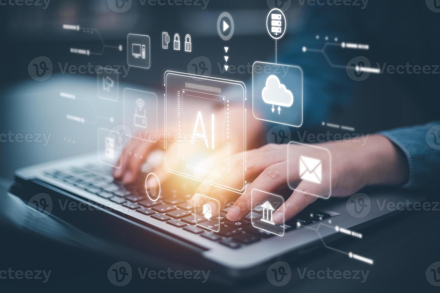 Programmer people working laptops or smartphones with AI, artificial intelligence software engineer coding on laptop computers with technology icons and binary code, big data, Ai bot digital machine photo