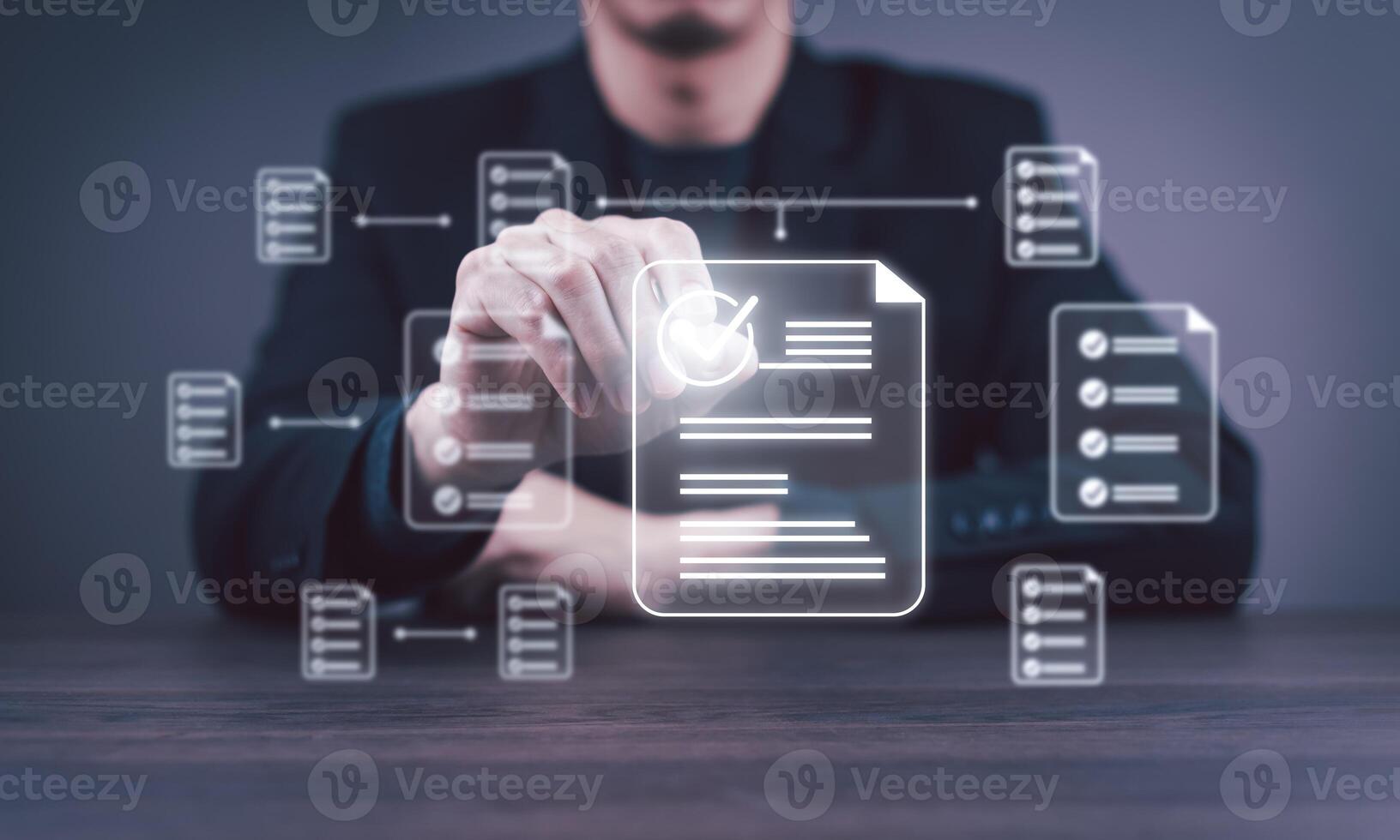 Checklist and clipboard task documentation management Online survey, form checklist by laptop computer, Document Management Checking System, online documentation database and process manage files. photo