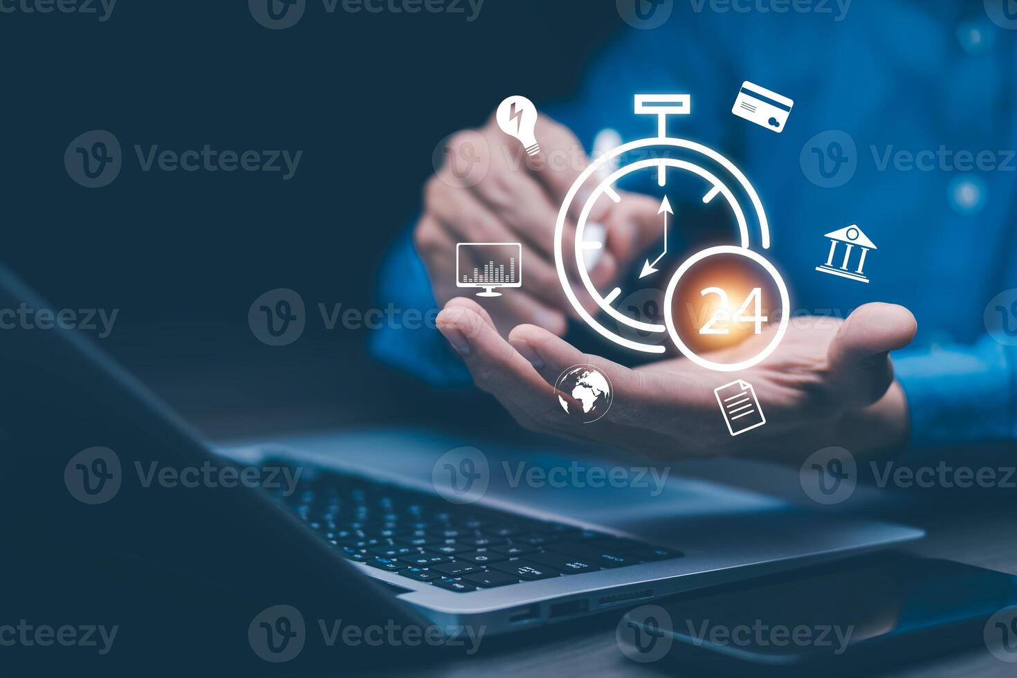 Communication and Contact us or Customer support hotline people connect. Hand using a laptop and touching on virtual screen contact icons, email and address, live chat with internet wifi. photo