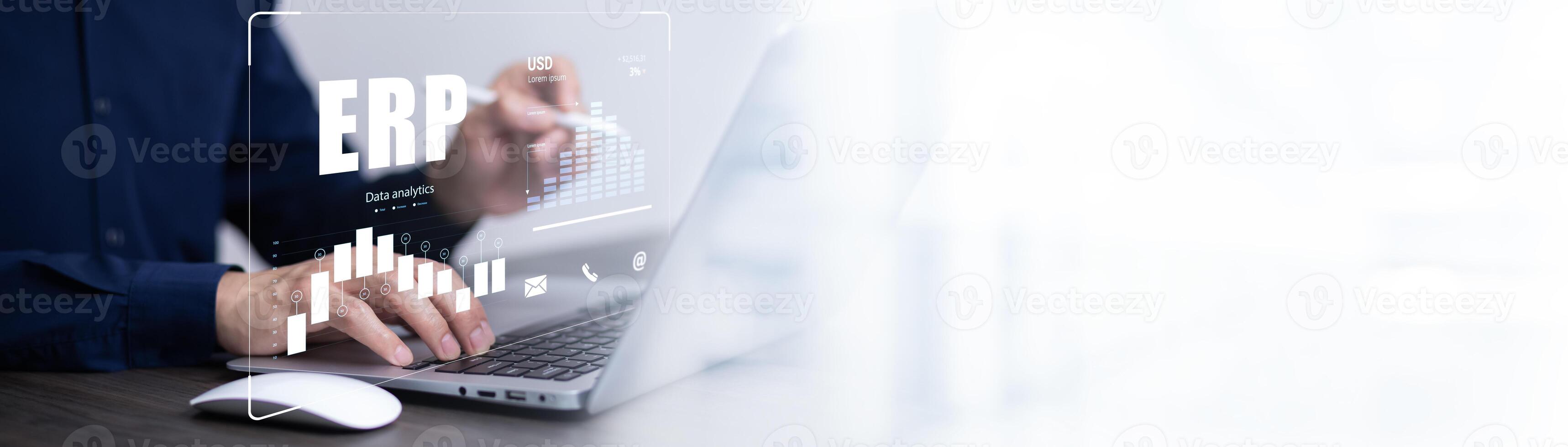 Business people using a laptop with document management for ERP. Enterprise resource planning concept,Enterprise Resource Management ERP software system for business resources plan presented. photo