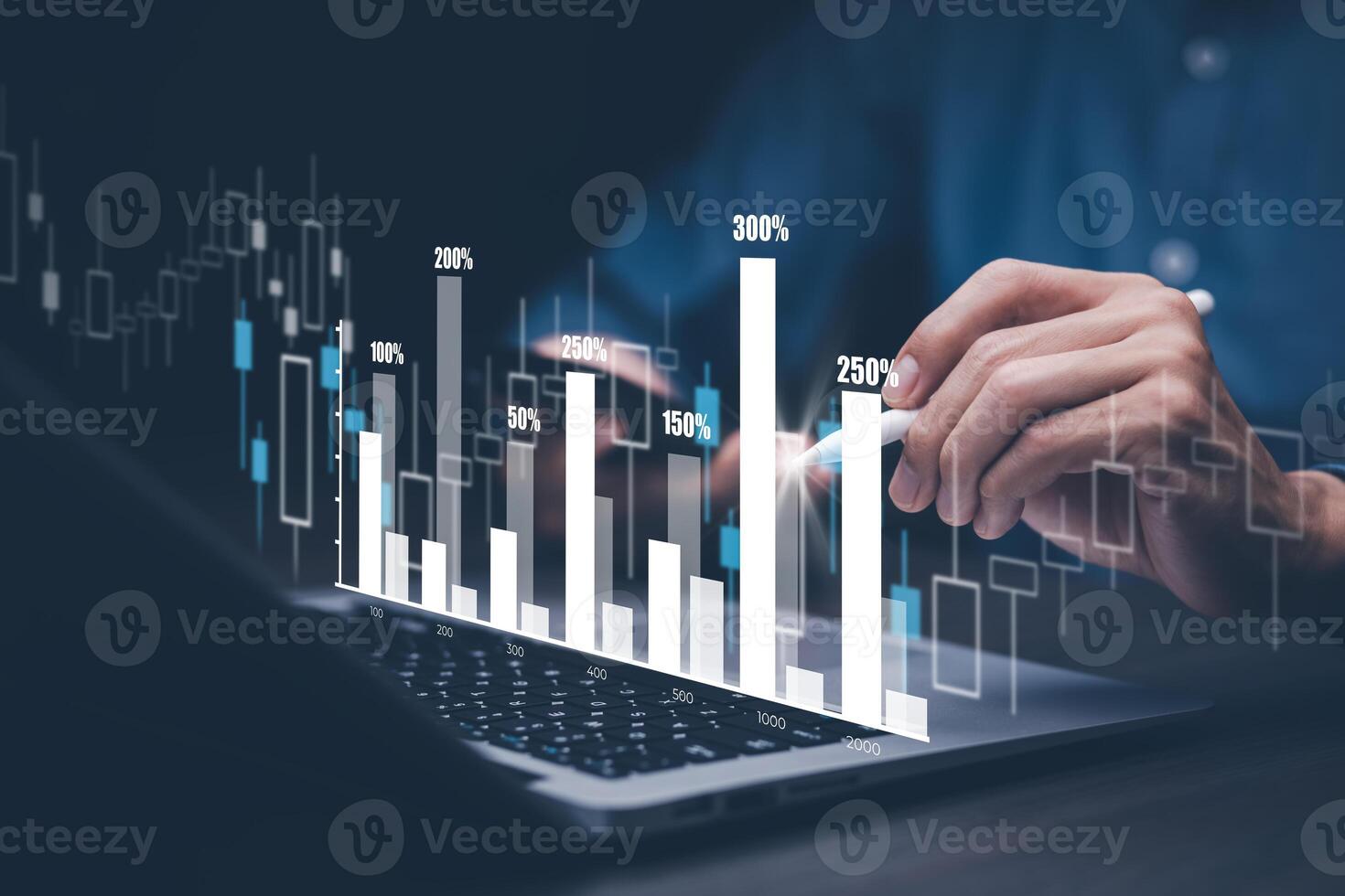 businessman hand type on the laptop of company profit with colleagues partner explain with virtual dashboard statistic chart stock infographic, graphs, cryptocurrency, and new trading platforms photo
